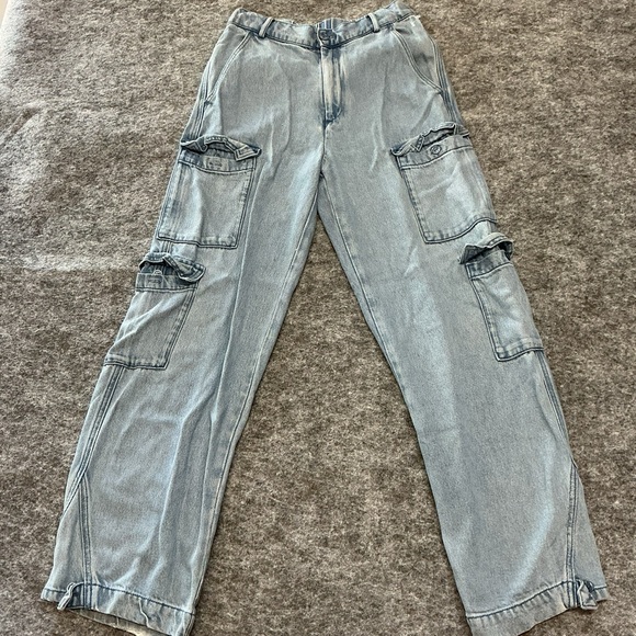 YFB Pants - YFB Light Wash High Rise Wide Barrel Leg Cargo Pants